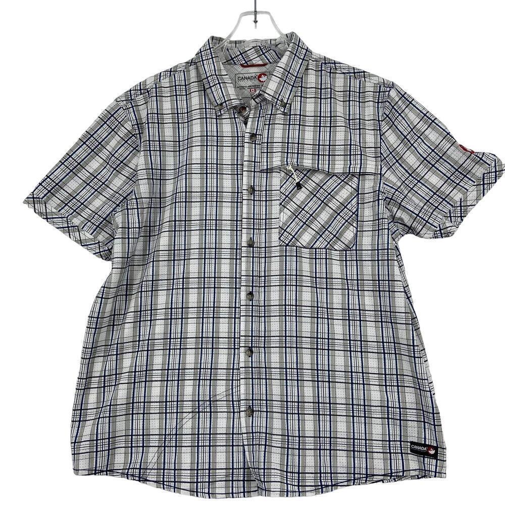 Canada Weather Gear Button Up Shirt Mens Size L Blue White Plaid Short Sleeve